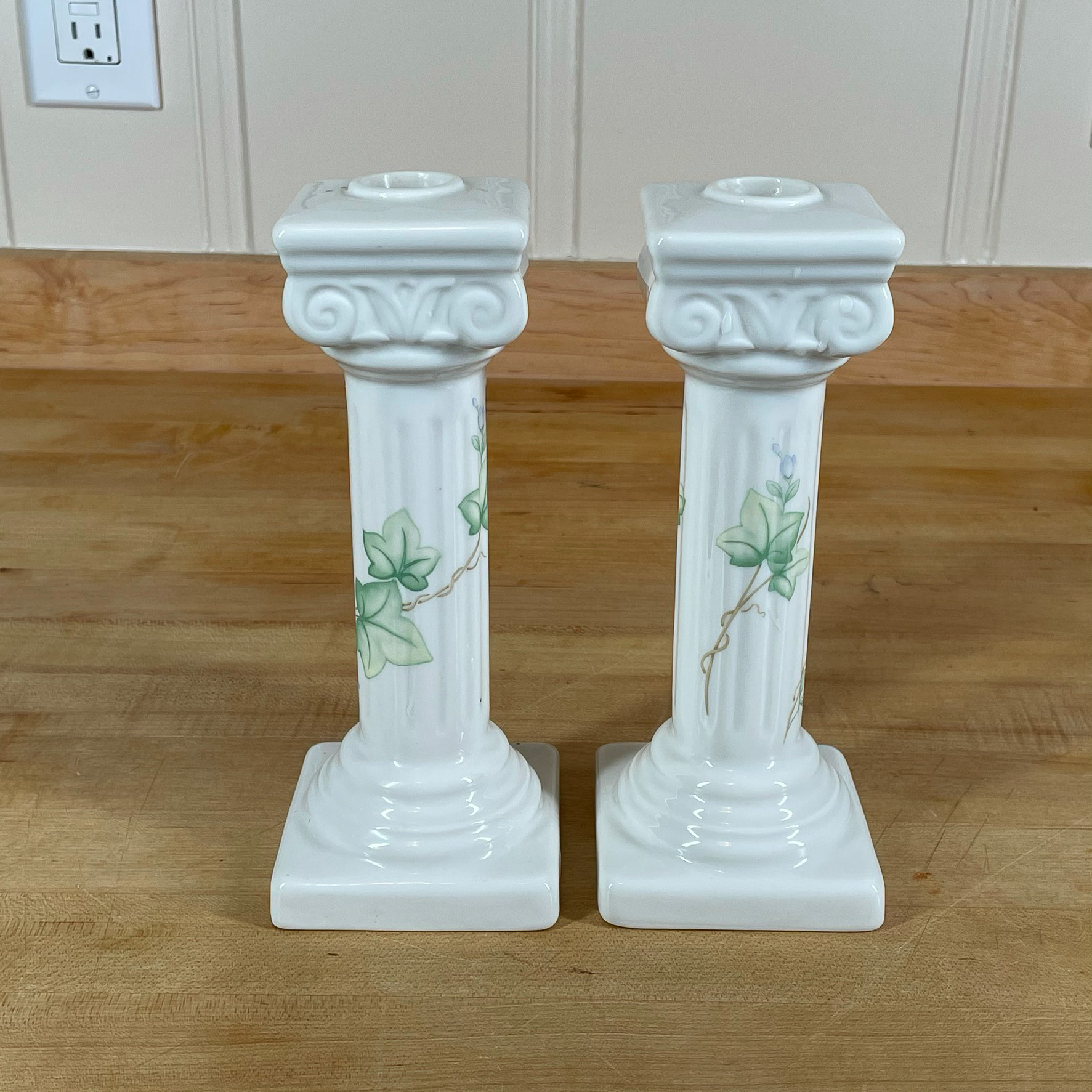 BELLEEK PORCELAIN COLUMN CANDLESTICKS