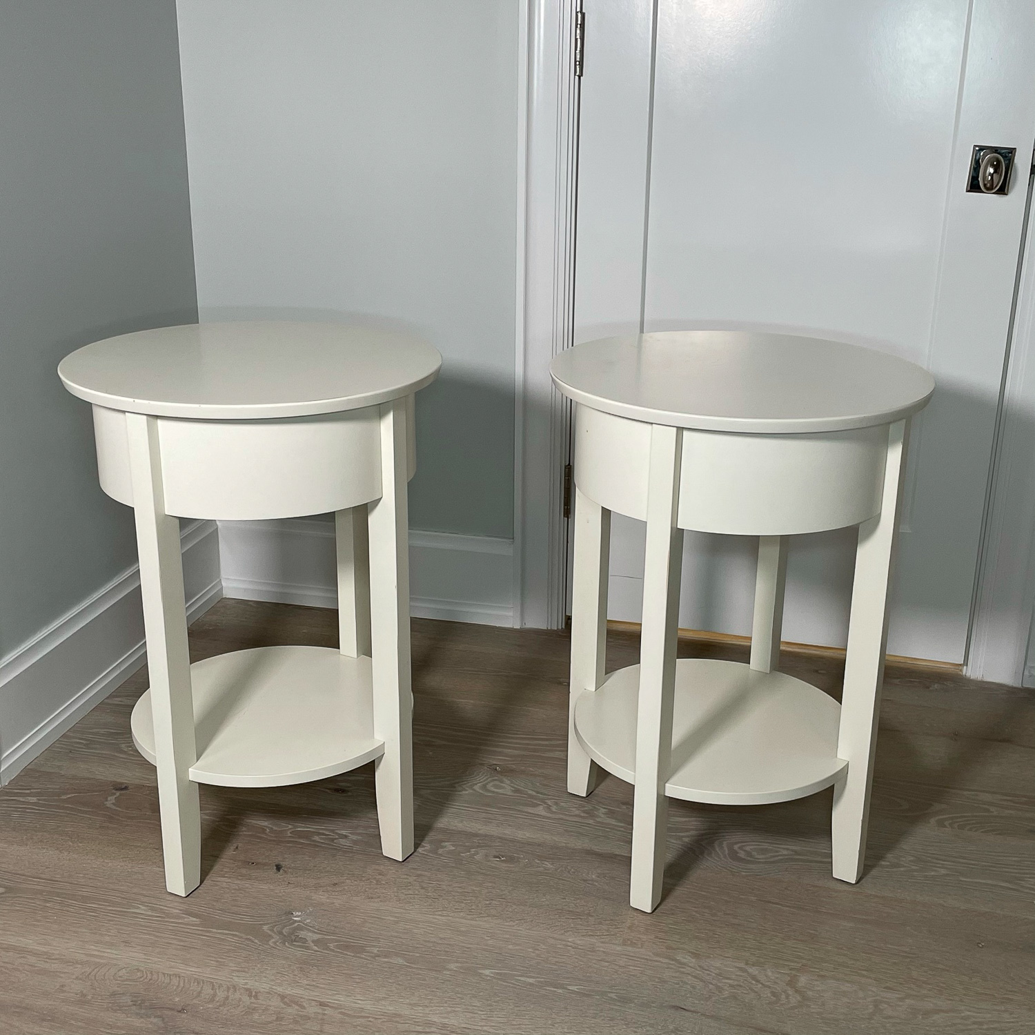 PAIR POTTERY BARN ROUND END TABLES