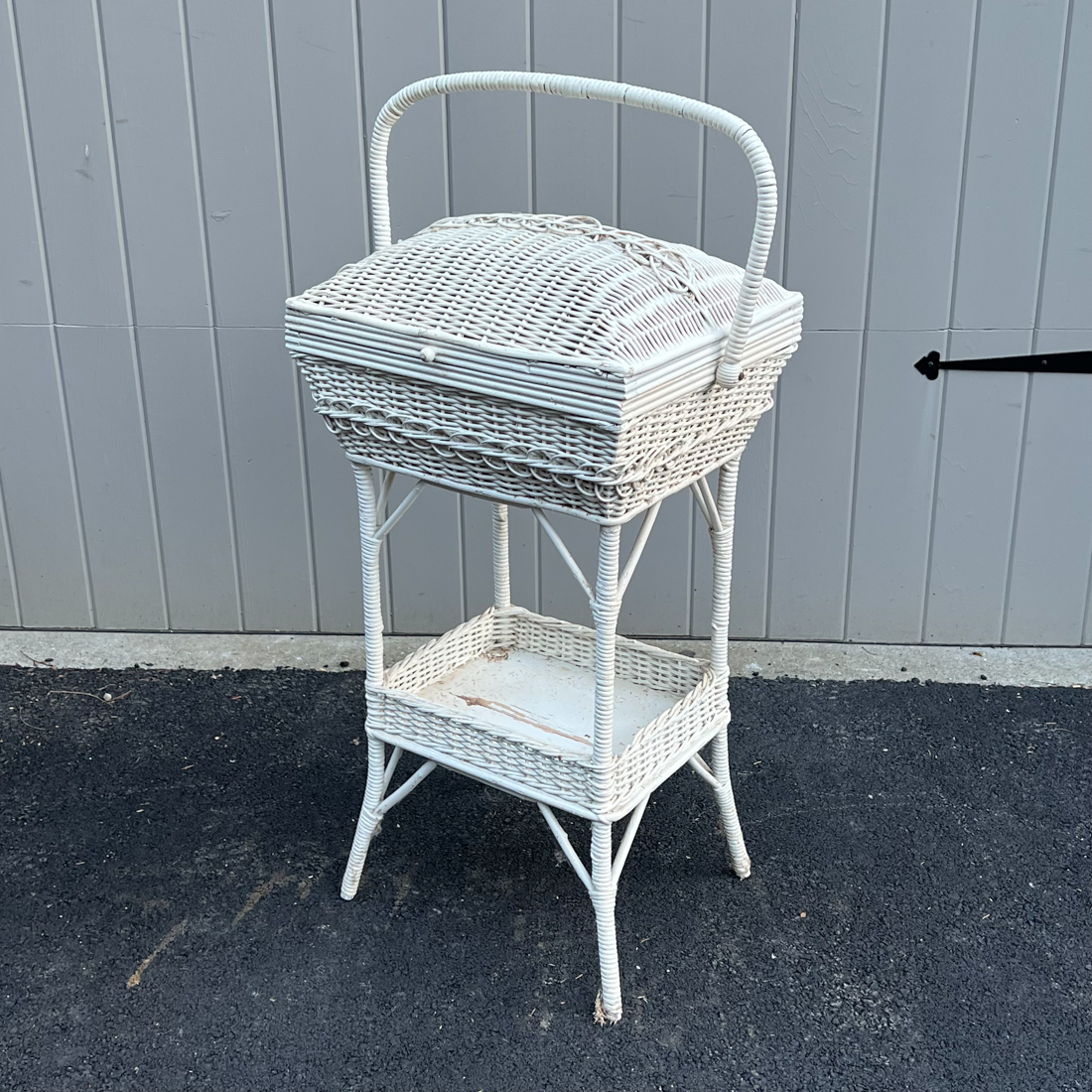 WICKER SEWING BASKET on STAND