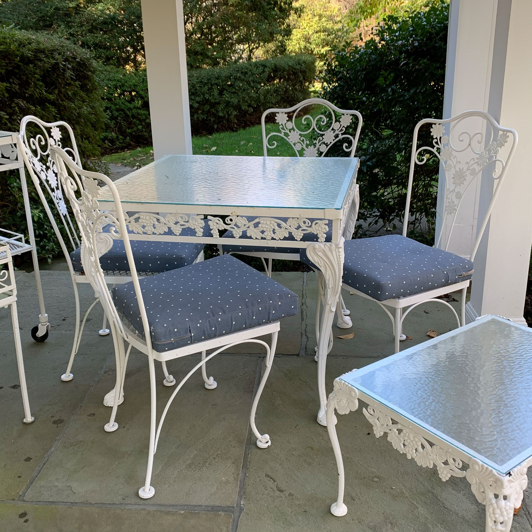 (8pc) WHITE PAINTED CAST IRON PATIO FURNITURE