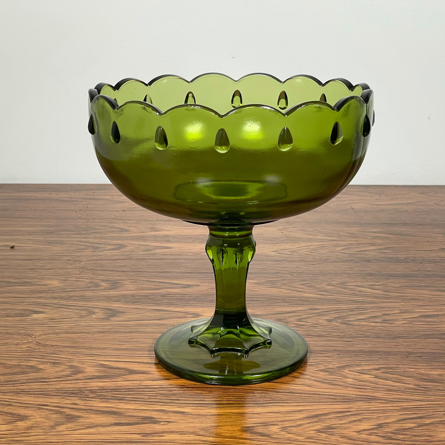GREEN PRESSED GLASS COMPOTE