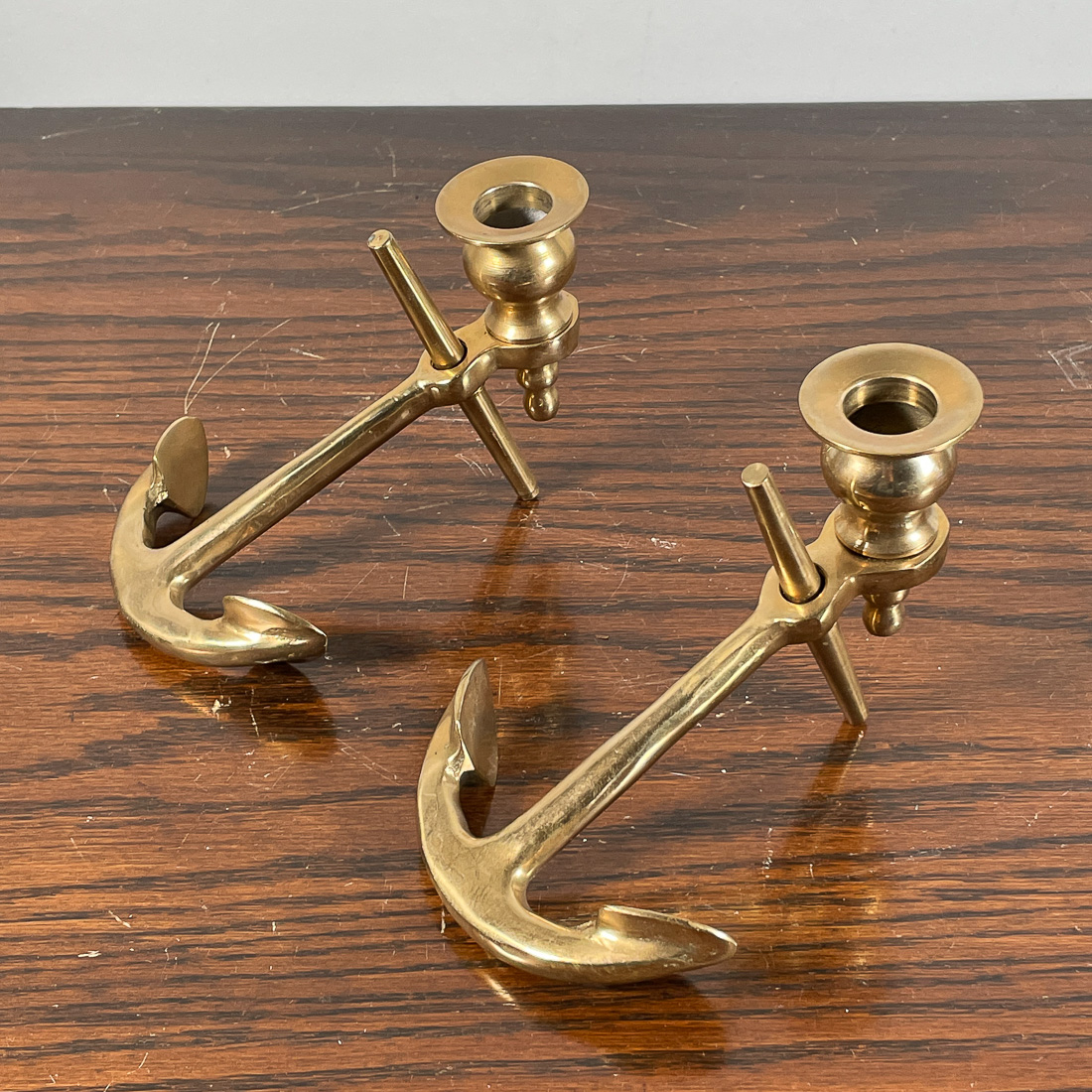 PAIR BRASS ANCHOR CANDLE HOLDERS