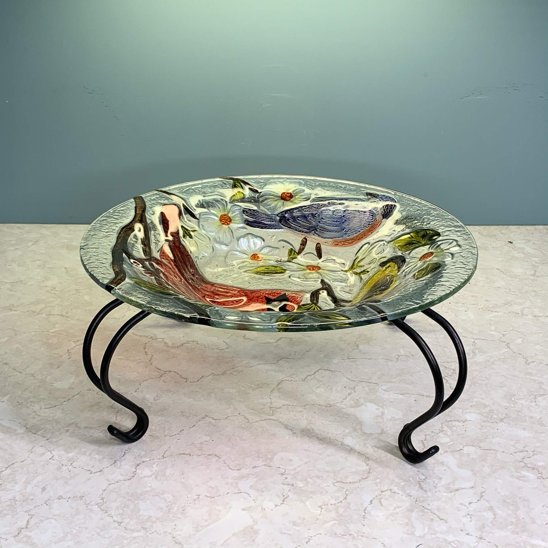 PAINTED GLASS BIRD BATH on STAND
