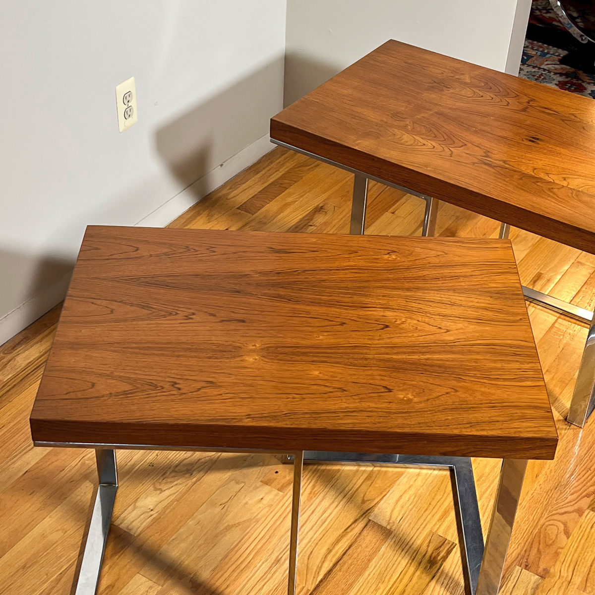 PAIR TEAK & CHROME SIDE TABLES