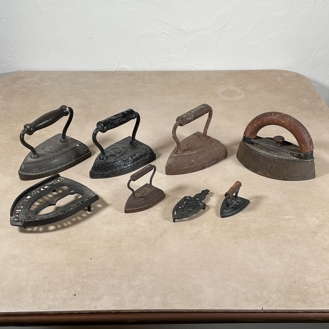 (8pc) ANTIQUE IRONS & STANDS